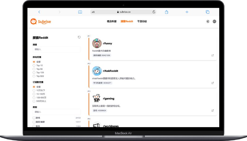 #网站 #出海 #Reddit🎲 Subrise - 一个专业的 Reddit 流量变现工具Subrise 旨在帮助创业者在海外扩展业务网站提供 Reddit 的相关概念科普、每个 Sub 的相关信息，以及适合推广的内容和注意事项📮投稿    📢频道    💬群聊    🔎索引