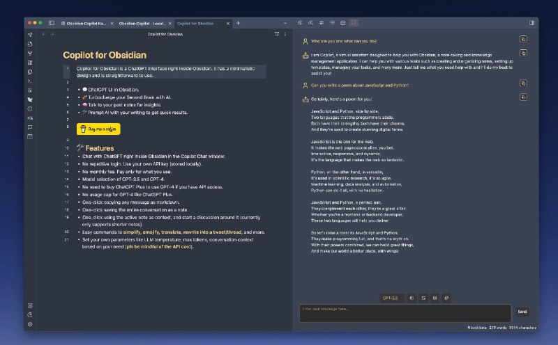 #插件 #工具 #辅助 #AI🤖 Copilot for Obsidian - 一个集成在 Obsidian 中的 Copilot 助手▎插件功能：AI 助手▎插件介绍：一个在可以 Obsidian 中使用 ChatGPT Copilot 的项目