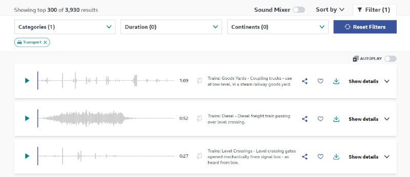 #音效 BBC Sound Effects BBC 音效档案，收藏了过去 100 年间来自世界各地的超过 33,000 个音效片段，包括自然、动物、交通、机器、运动、人群等类别， 主要是为 BBC 电视和广播节目制作的特效，以及来自自然历史部门档案的 15,000 个录音，可按类别、时长、大洲进行筛选查看，可保存为 wav 和 mp3 格式，可用于个人、教育或研究用途，完全免费，无需注册